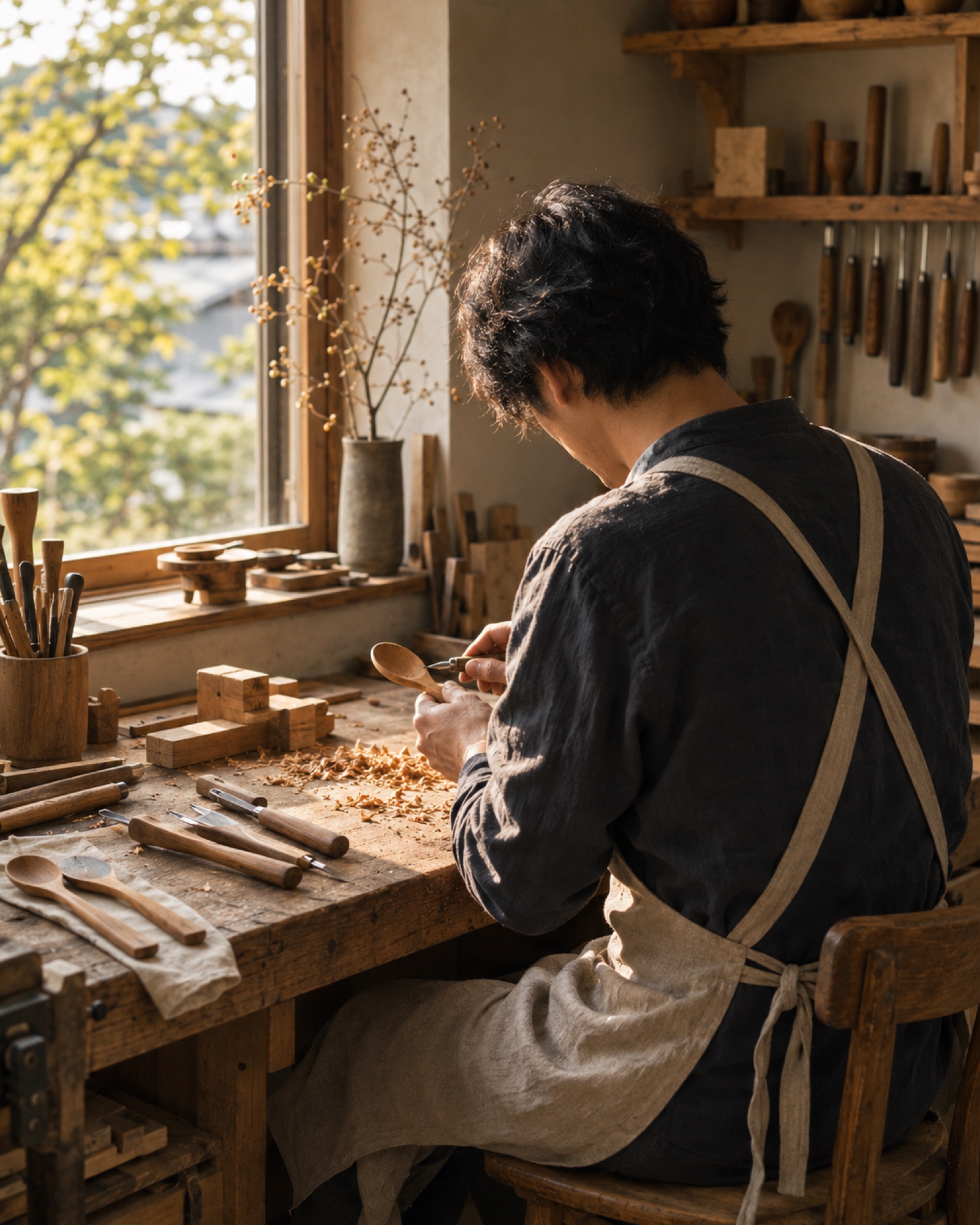 工房でスプーンを削る代表の後ろ姿